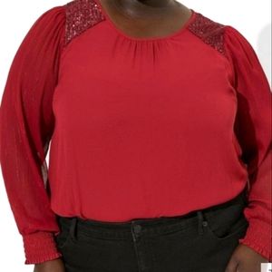 Torrid Georgette With Sequin Trim Blouse, Rhubarb Sz.3=22/24